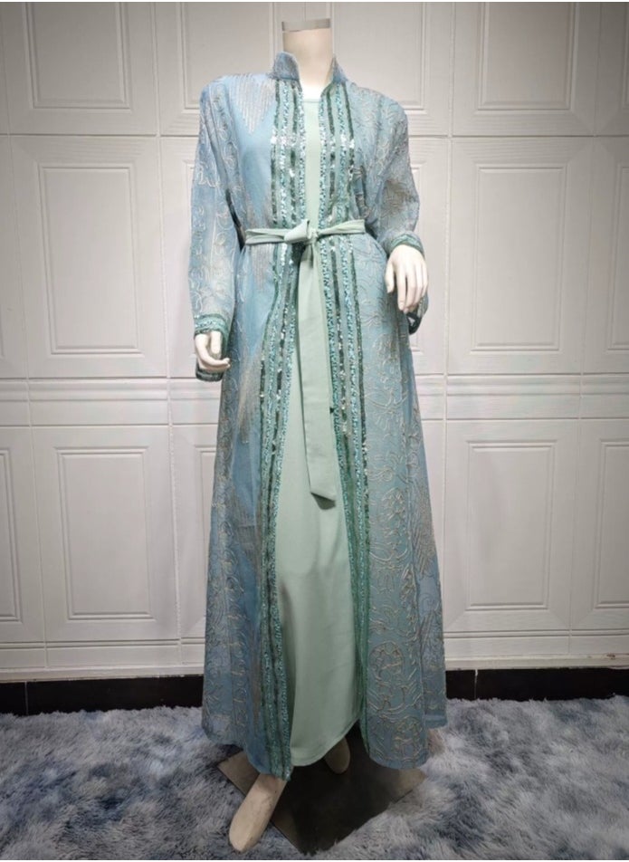 Loquat Ladies Embroidered Robe Long Dress 3-Piece Set Open Front Outer Robe+Inner Skirt+Belt Muslim Abaya Light Green  - Image 2