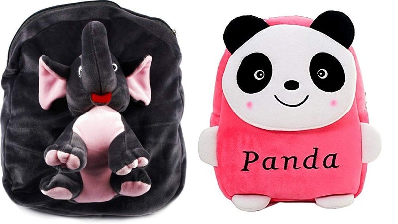 blue tree School Bag For Kids Soft Plush Backpack Combo Cartoon Bags Mini Travel Bag for for Girls Boys Toddler Baby (Full Body Elephant & Pink Panda) - Image 1