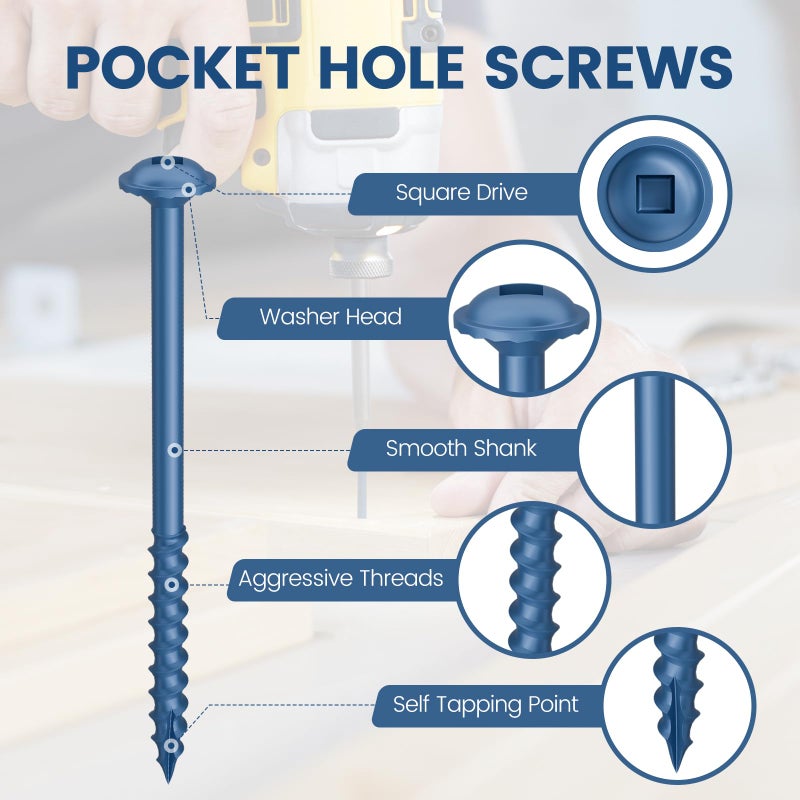 Kryonix Pocket Hole Screws 8#-1 1/4inch, 600Pcs Coarse Thread Anti-Rust Blue Coated Wood Screws, Exterior Wood Screws with Self-Tapping Tip,Washer Head with Square Drive, 150MM Drive Bit Included - Image 5