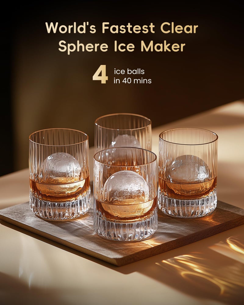 ecozy 2" Clear Ice Ball Maker with CrystalFlux Technology, 4 pcs in 40 Mins, 144 pcs/Day, Sphere Ice Maker with Enhanced Insulation, Automatic Water Supply, Self-Cleaning for Whiskey & Bourbon - Image 3
