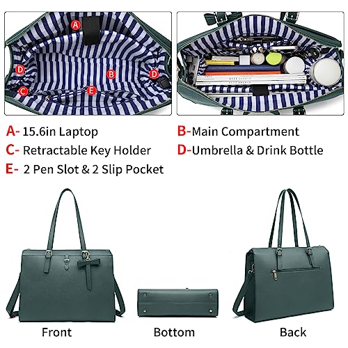 Keyli حقيبة كمبيوتر محمول كيلي للنساء حقيبة توت كبيرة حقيبة جلدية مقاومة للماء حقيبة عمل مع منفذ شحن USB مدمج تناسب كمبيوتر محمول بحجم 15.6 بوصة، حقيبة يد للأعمال مجموعة 4 قطع باللون الأخضر - Image 4