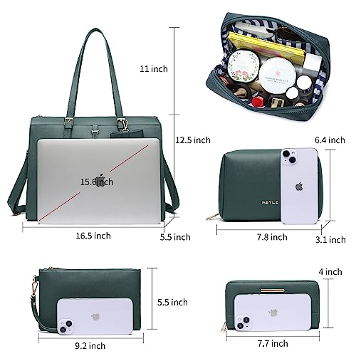 Keyli حقيبة كمبيوتر محمول كيلي للنساء حقيبة توت كبيرة حقيبة جلدية مقاومة للماء حقيبة عمل مع منفذ شحن USB مدمج تناسب كمبيوتر محمول بحجم 15.6 بوصة، حقيبة يد للأعمال مجموعة 4 قطع باللون الأخضر - Image 3