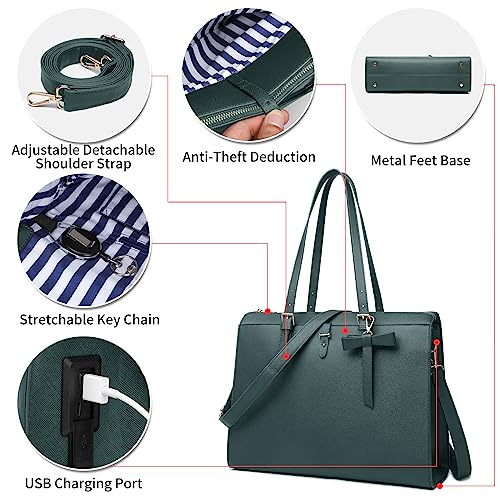 Keyli حقيبة كمبيوتر محمول كيلي للنساء حقيبة توت كبيرة حقيبة جلدية مقاومة للماء حقيبة عمل مع منفذ شحن USB مدمج تناسب كمبيوتر محمول بحجم 15.6 بوصة، حقيبة يد للأعمال مجموعة 4 قطع باللون الأخضر - Image 5