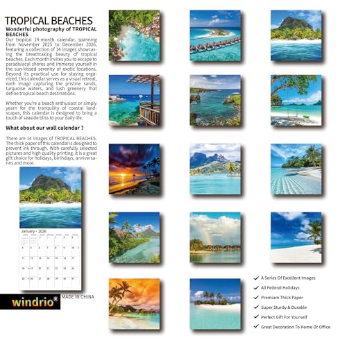 windrio 2026 Wall Calendar,Calendar 2026, November 2025 - December 2026, Wall Calendar Tropical Beaches, 12" x 24" Opened,Full Page Months Thick & Sturdy Paper for Calendar Organizing & Planning - Image 2