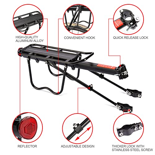 HOMEE Rear Bike Rack, 110 lbs / 50KGS Bike Cargo Racks Frame Aluminum Alloy Universal Adjustable Cycling Equipment Stand Footstock Bicycle Luggage Carrier with Tools and Reflector for 26"-29" Frames - Image 2