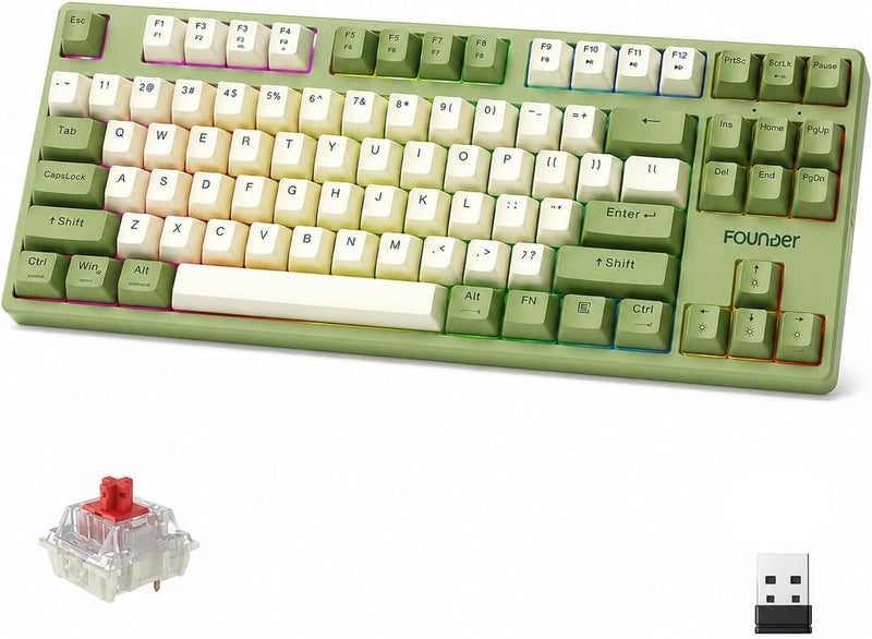 Founder GK87 Wireless Mechanical Gaming Keyboard - Tri-Mode Bluetooth Keyboard, 2.4Ghz, Wired, Hot Swappable Red Switches, Rainbow LED Lighting (Light Green) - Image 1