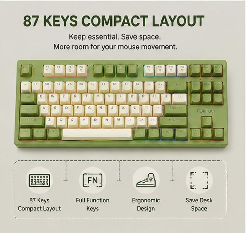 Founder GK87 Wireless Mechanical Gaming Keyboard - Tri-Mode Bluetooth Keyboard, 2.4Ghz, Wired, Hot Swappable Red Switches, Rainbow LED Lighting (Light Green) - Image 2