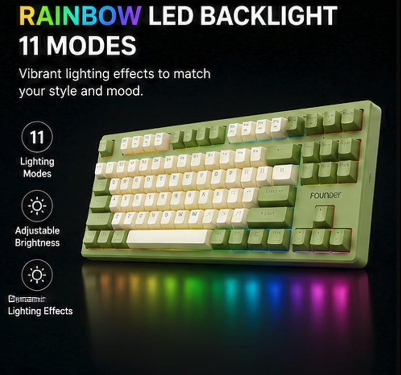 Founder GK87 Wireless Mechanical Gaming Keyboard - Tri-Mode Bluetooth Keyboard, 2.4Ghz, Wired, Hot Swappable Red Switches, Rainbow LED Lighting (Light Green) - Image 3