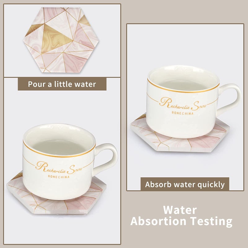 Deceram 6 Pcs Pink Marble Coasters with Holder Gold Absorbent Drink Coasters Beverage Coasters Cute Ceramic Table Coaster Set Kitchen Accessories Decorative Bar Coasters Modern Coffee Table Decor Cup Coasters - Image 2