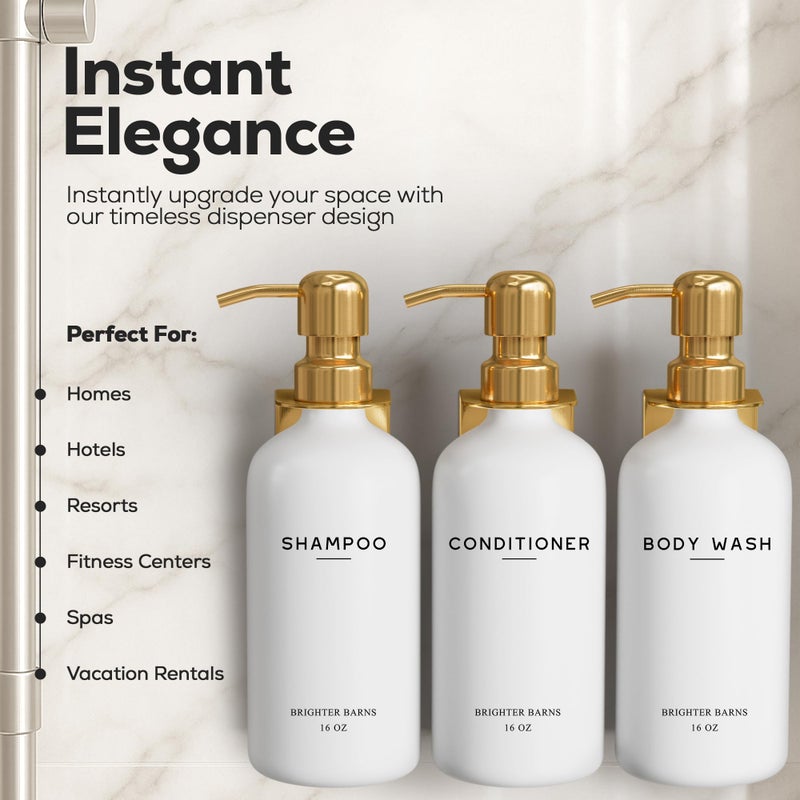 Brighter Barns Luxury Shampoo and Conditioner Dispenser Set Wall Mounted by Brighter Barns - Refillable Shampoo and Conditioner Bottles - Shower Dispenser 3 Chamber No Drill - White and Gold Bathroom Decor (Gold) - Image 2