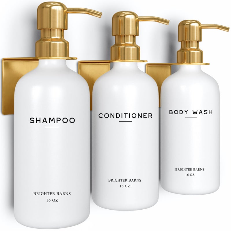 Brighter Barns Luxury Shampoo and Conditioner Dispenser Set Wall Mounted by Brighter Barns - Refillable Shampoo and Conditioner Bottles - Shower Dispenser 3 Chamber No Drill - White and Gold Bathroom Decor (Gold) - Image 1