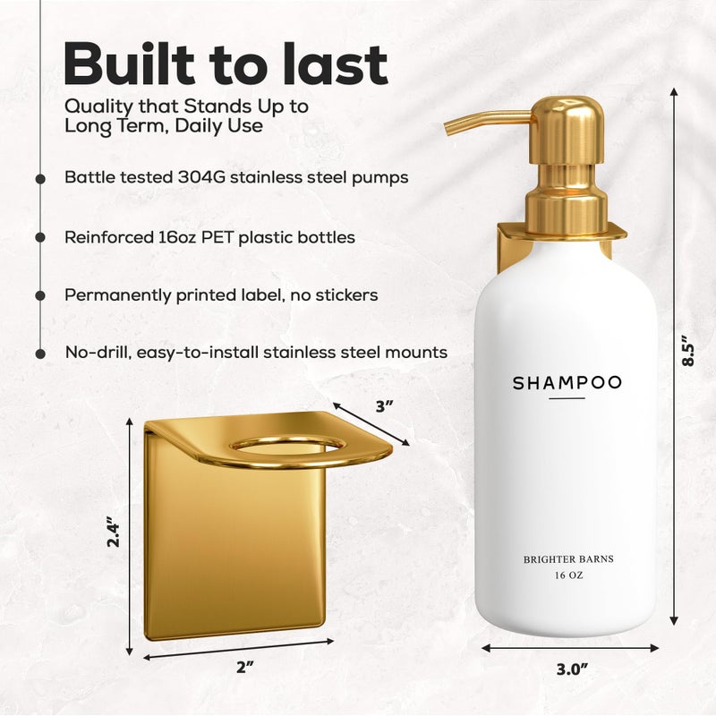 Brighter Barns Luxury Shampoo and Conditioner Dispenser Set Wall Mounted by Brighter Barns - Refillable Shampoo and Conditioner Bottles - Shower Dispenser 3 Chamber No Drill - White and Gold Bathroom Decor (Gold) - Image 3