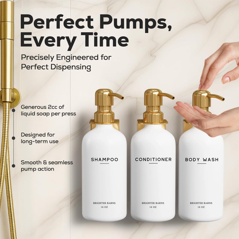 Brighter Barns Luxury Shampoo and Conditioner Dispenser Set Wall Mounted by Brighter Barns - Refillable Shampoo and Conditioner Bottles - Shower Dispenser 3 Chamber No Drill - White and Gold Bathroom Decor (Gold) - Image 4