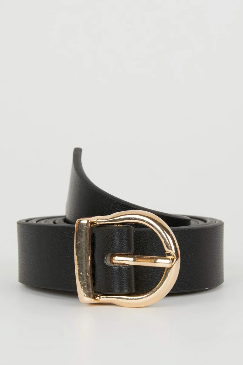 Woman Faux Leather Gold Buckle Classic Belt