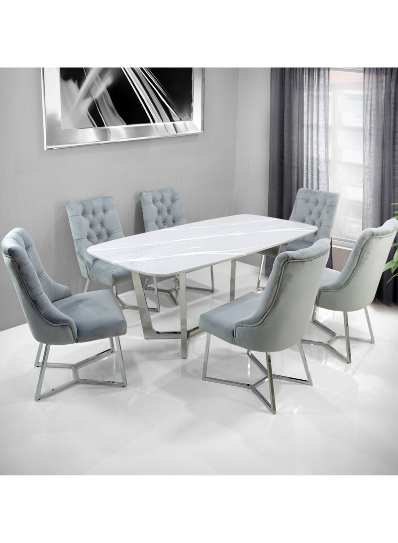 VANITY LIVING VANITY LIVING Large Dining Table Set 6 seater with Chairs, Marble Stone Top Dinner Breakfast Table with Chrome Base + 6 Grey Chairs for Kitchen & Dining Room - Image 1