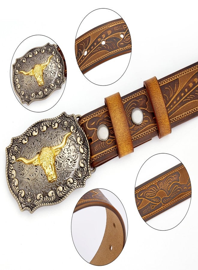 BISON DENIM Men's Western Double Embossed Leather Belts with Golden Cowboy Longhorn Bull Pattern Floral Engraved Buckle Belt - Image 2
