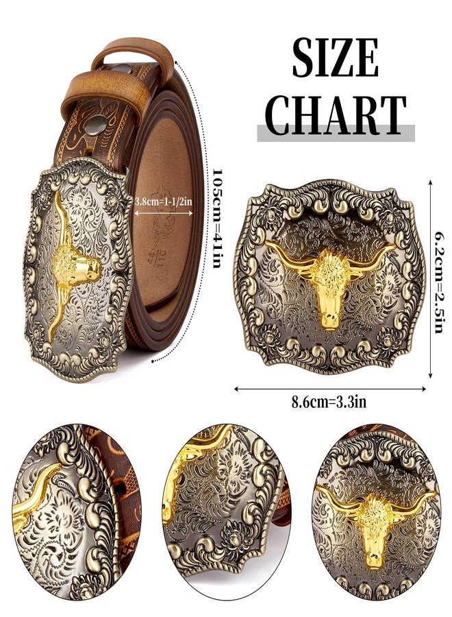 BISON DENIM Men's Western Double Embossed Leather Belts with Golden Cowboy Longhorn Bull Pattern Floral Engraved Buckle Belt - Image 4