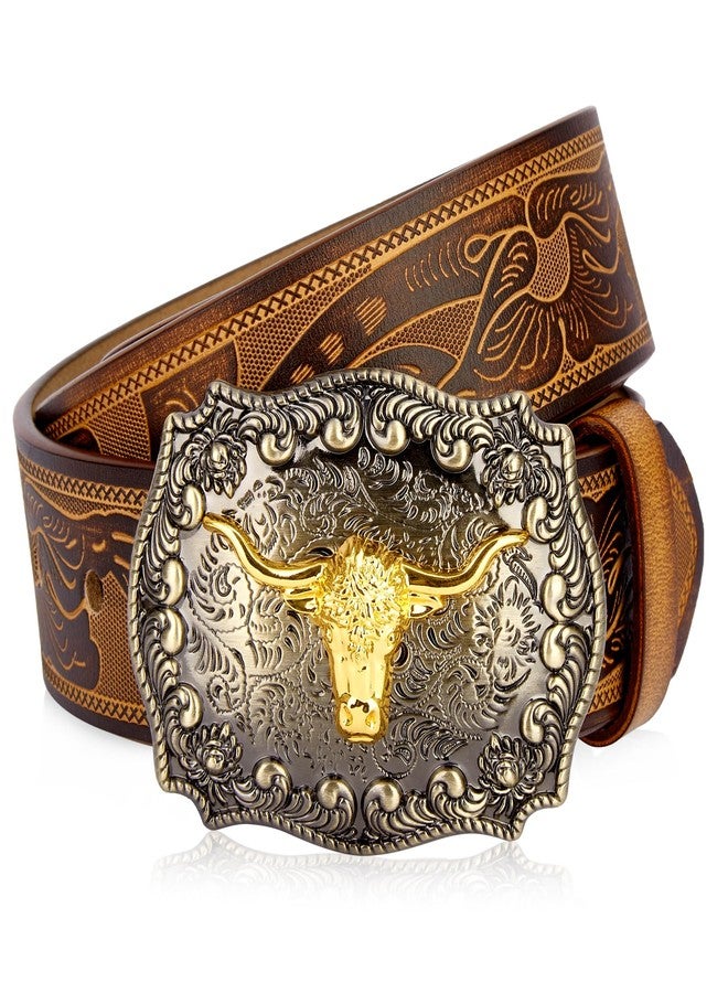 BISON DENIM Men's Western Double Embossed Leather Belts with Golden Cowboy Longhorn Bull Pattern Floral Engraved Buckle Belt - Image 1