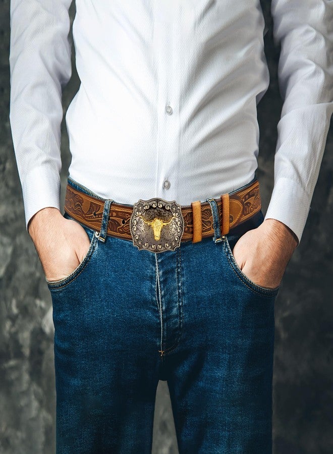 BISON DENIM Men's Western Double Embossed Leather Belts with Golden Cowboy Longhorn Bull Pattern Floral Engraved Buckle Belt - Image 3