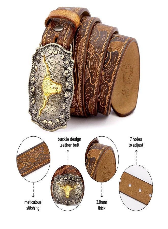 BISON DENIM Men's Western Double Embossed Leather Belts with Golden Cowboy Longhorn Bull Pattern Floral Engraved Buckle Belt - Image 5
