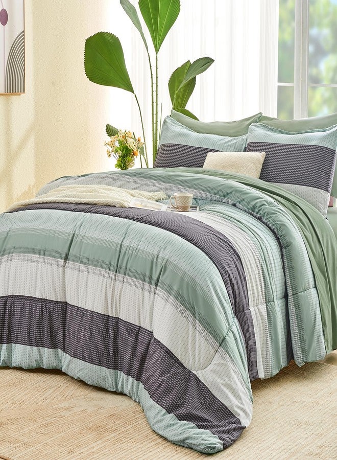 Andency Full Comforter Set Sage Green - 7 Pieces Soft Lightweight Striped Patchwork Bedding Set, Soft Microfiber Reversible Bed in a Bag with Comforter, Fitted Sheet, Flat Sheet, Pillowcases & Shams - Image 1