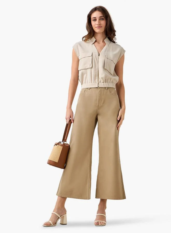 Splash FAV BEIGE Wide Leg High Rise Jeans Cropped Cotton for Women | Best Price UAE