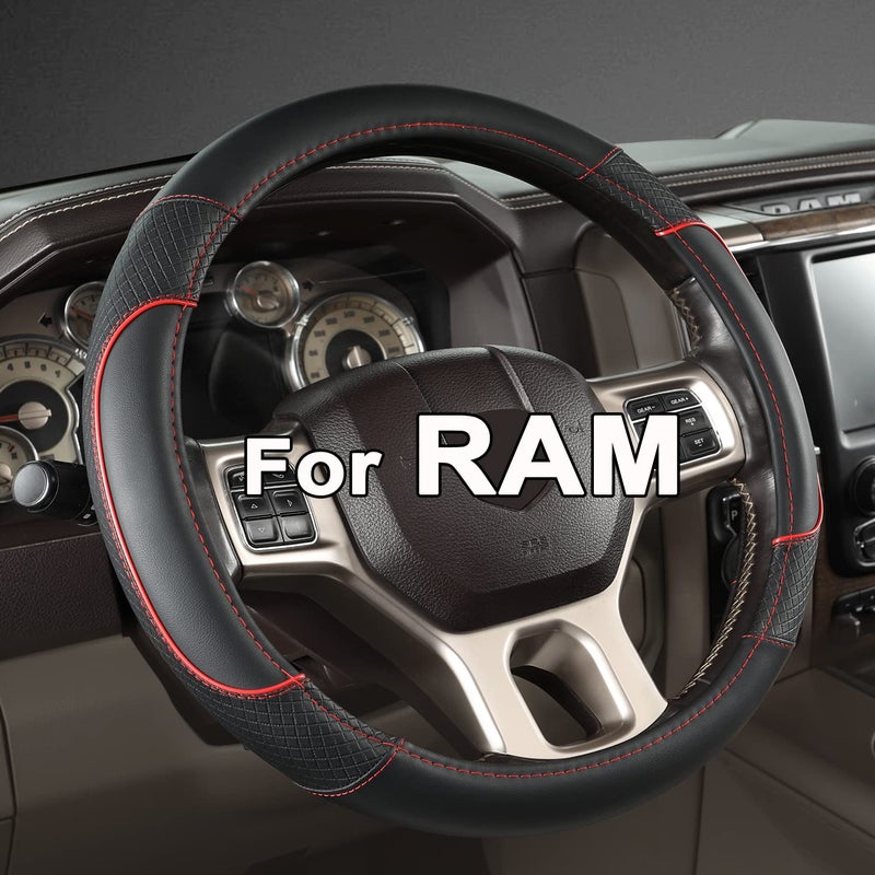 GIANT PANDA Car Steering Wheel Cover for Dodge Ram 1500 2500 3500 15516 inches BlackRed Trim