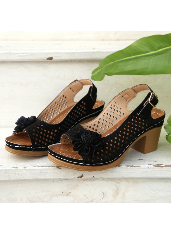 Women's Shoes Large Size Floral High-heeled Sandals For Women Summer New European And American Fashion Thick-heeled Buckle Sandals For Women