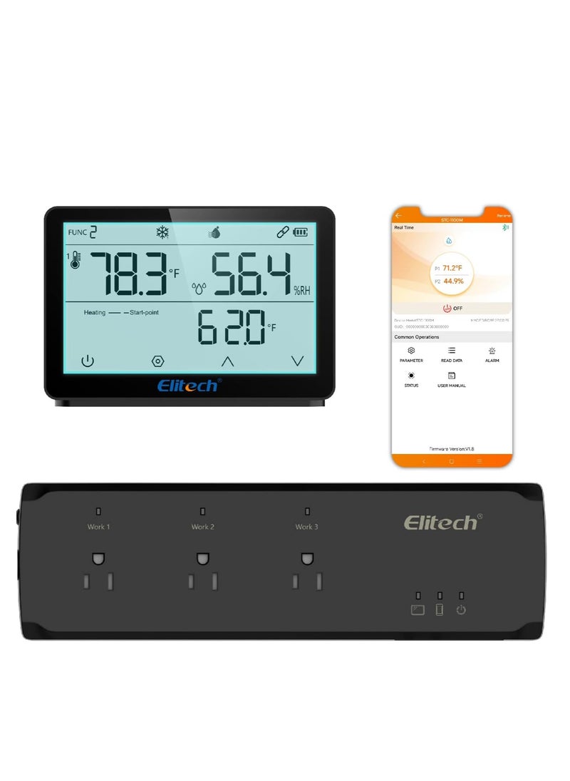Elitech Elitech Temperature Humidity Controller Split-Style Backlight Touchscreen 3-Stage Outlet APP Control Timer Pre-Wired Thermostat for Reptile Homebrew Seed with 2 Sensors STC-1100M 110V 15A 1725W  - Image 1