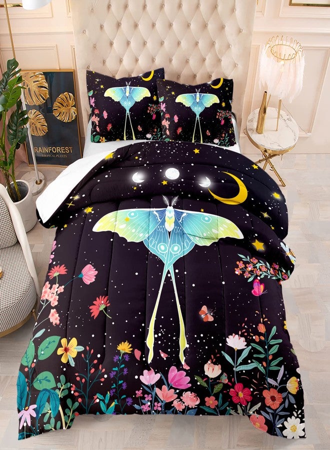 CVHOUSE Sun and Moon Comforter Set Queen Size, Death Moth with Flowers Pattern Bedding Set for Girls Adult Women Teen,3 Pieces,1 Quilt and 2 Pillowcases,Soft,Breathable - Image 1