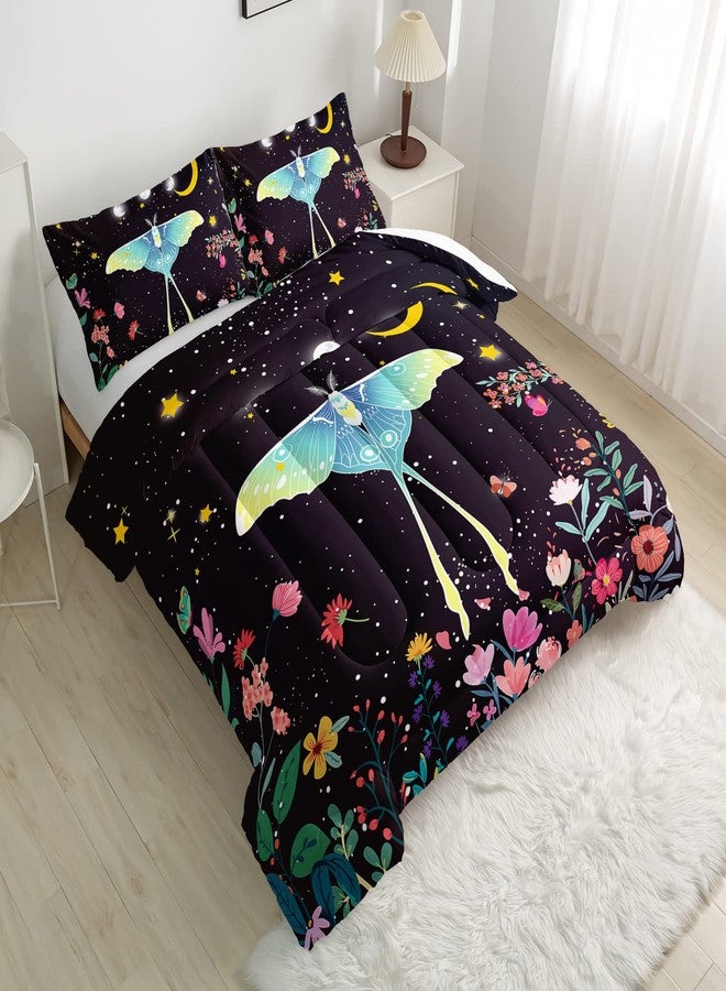 CVHOUSE Sun and Moon Comforter Set Queen Size, Death Moth with Flowers Pattern Bedding Set for Girls Adult Women Teen,3 Pieces,1 Quilt and 2 Pillowcases,Soft,Breathable - Image 2