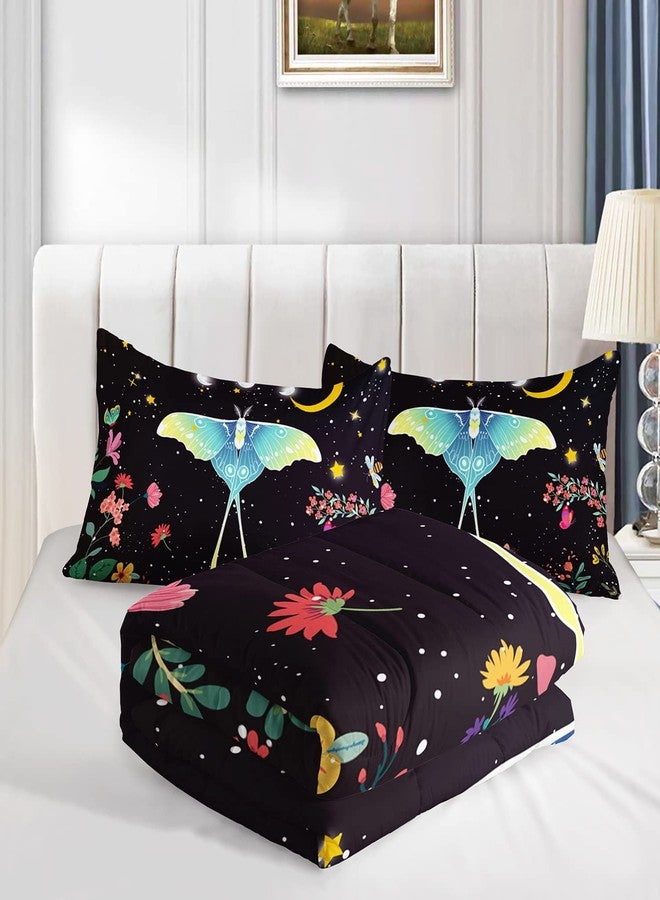 CVHOUSE Sun and Moon Comforter Set Queen Size, Death Moth with Flowers Pattern Bedding Set for Girls Adult Women Teen,3 Pieces,1 Quilt and 2 Pillowcases,Soft,Breathable - Image 4