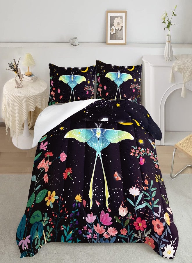 CVHOUSE Sun and Moon Comforter Set Queen Size, Death Moth with Flowers Pattern Bedding Set for Girls Adult Women Teen,3 Pieces,1 Quilt and 2 Pillowcases,Soft,Breathable - Image 3