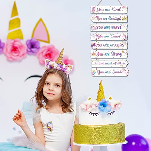 Qunclay Inspirational Girl Room Decor Aesthetic Art Wall Hanging Sign Inspiring Colorful Rainbow Wooden Decoration for Kids Teens Toddler Boy Baby Bedroom Nursery Dorm Decor, 6-12 Years old (Magic Unicorn) - Image 3