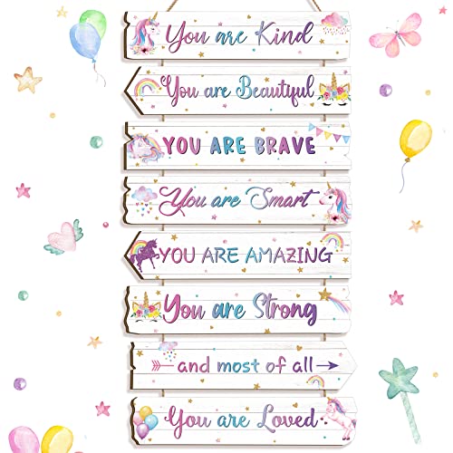 Qunclay Inspirational Girl Room Decor Aesthetic Art Wall Hanging Sign Inspiring Colorful Rainbow Wooden Decoration for Kids Teens Toddler Boy Baby Bedroom Nursery Dorm Decor, 6-12 Years old (Magic Unicorn) - Image 1