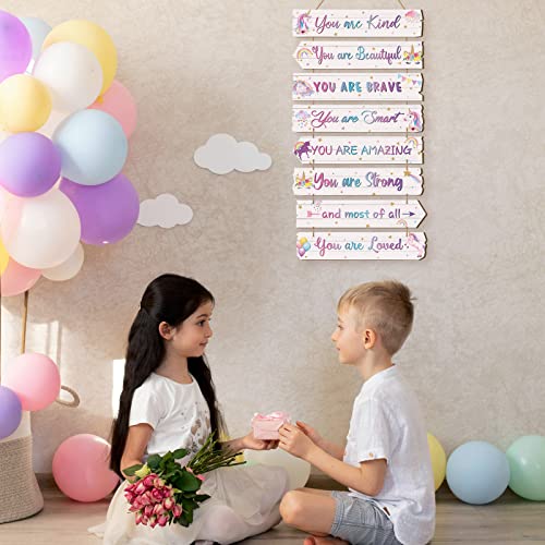 Qunclay Inspirational Girl Room Decor Aesthetic Art Wall Hanging Sign Inspiring Colorful Rainbow Wooden Decoration for Kids Teens Toddler Boy Baby Bedroom Nursery Dorm Decor, 6-12 Years old (Magic Unicorn) - Image 5