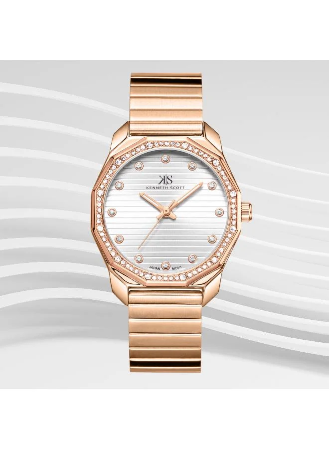 KENNETH SCOTT Kenneth Scott K24505-RBKW Women's Analog Display Watch & Stainless Steel Strap Rose Gold