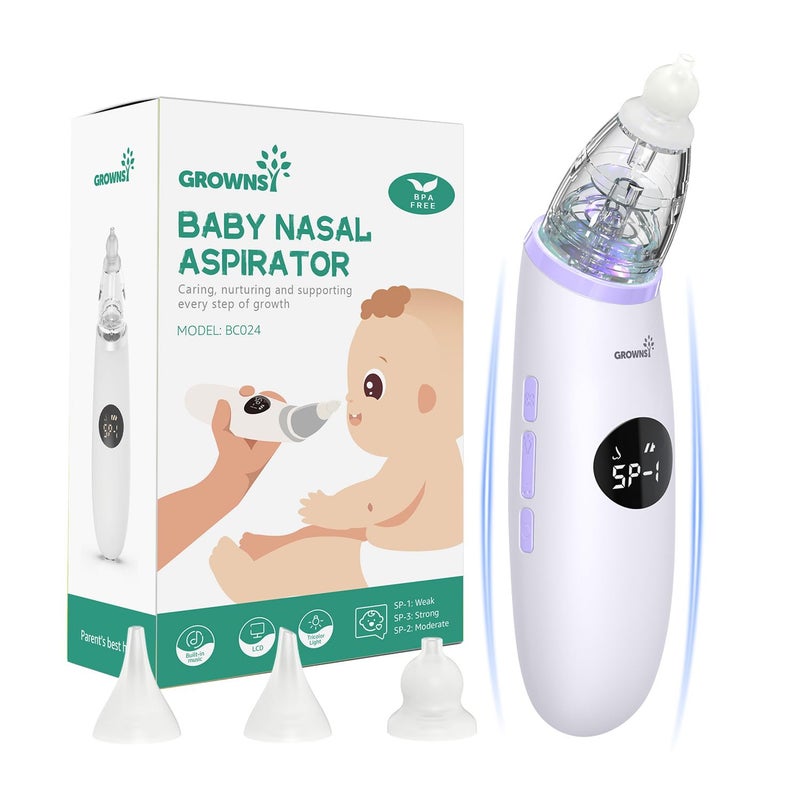 GROWNSY GROWNSY Nasal Aspirator for Baby | Baby Nose Sucker | Electric Nose Suction for Toddler, Ergonomic Booger Sucker with 3 Silicone Tips, Music & Light Soothing Function (Purple)  - Image 1