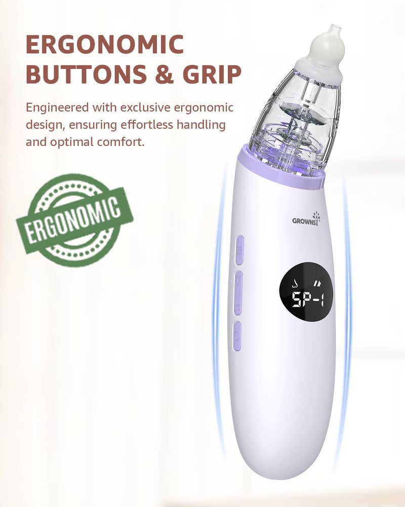 GROWNSY GROWNSY Nasal Aspirator for Baby | Baby Nose Sucker | Electric Nose Suction for Toddler, Ergonomic Booger Sucker with 3 Silicone Tips, Music & Light Soothing Function (Purple)  - Image 4