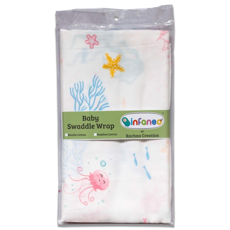 Rachna All Season Organic Muslin Cotton Swaddle Wrap for New Born Super Soft Breathable Printed Baby Wrapping Cloth 18401 White 120 x 120 Centimetres Pack of 1 Prints May Vary