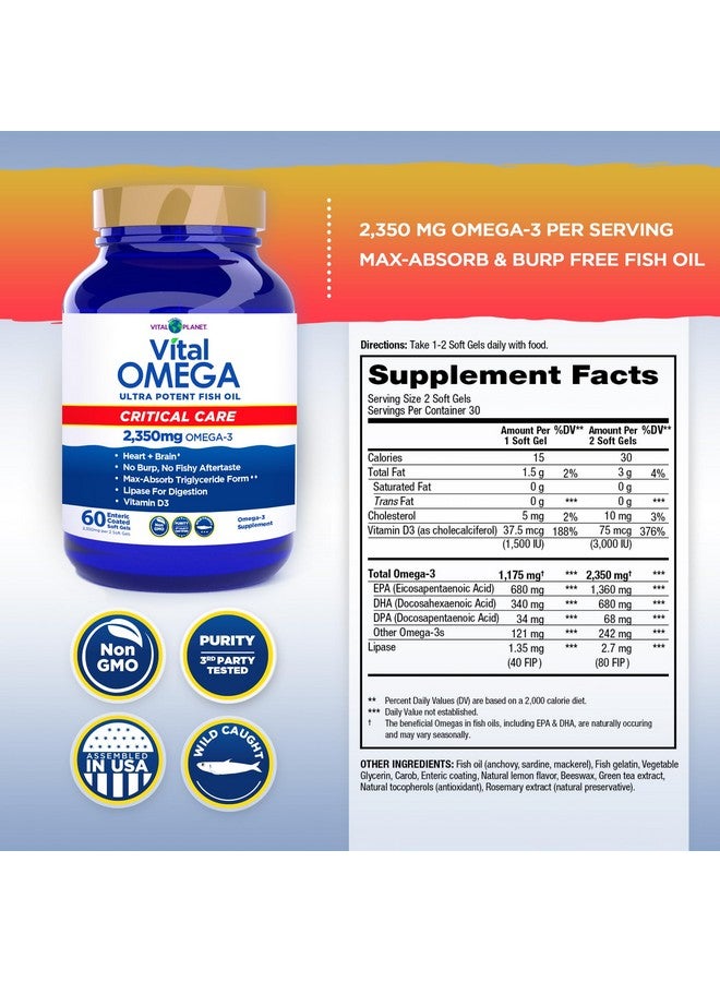 Vital Planet - Vital Omega 3 Fish Oil Critical Care Supplement with 2350mg of High Potency Wild Caught Omega 3 Fatty Acid Supplements EPA DHA and DPA for Heart Health 60 Softgels (Packaging May Vary) - Image 2
