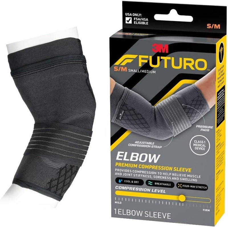 فوتورو كم Premium Compression Elbow Sleeve، مع حزام ملتف ووسادتين ضغط جل، لعلاج التهاب الأوتار الخفيف، مرفق لاعب الجولف، مرفق التنس، التورم، الالتواءات، والإجهادات، مقاس S/M - Image 1