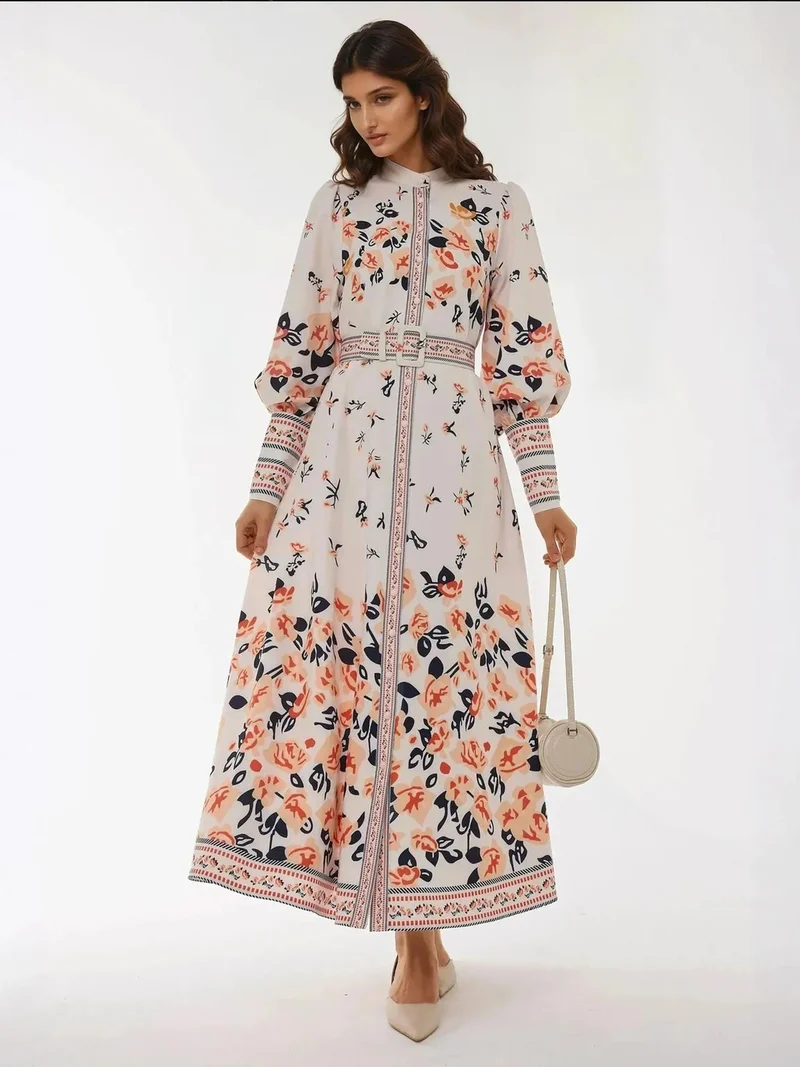 زوبعة فستان ماكسي طويل الأكمام مطبوع بحزام