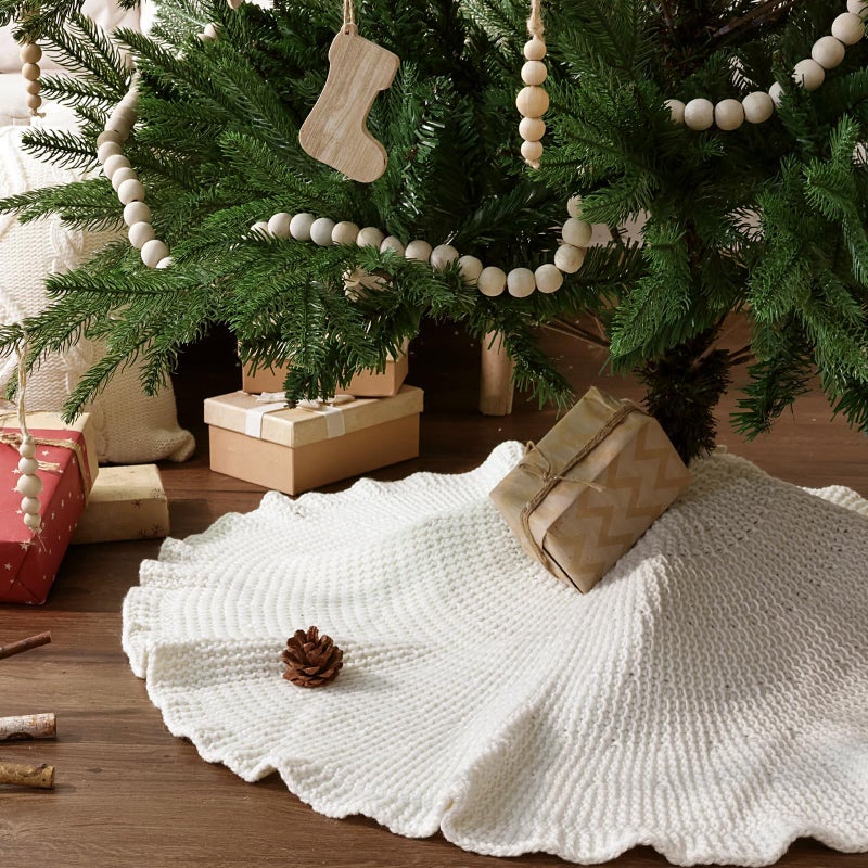 LimBridge LimBridge Knitted Christmas Tree Skirt 36 Inches Cream White Tree Skirt Lotus Leaf Edge Cable Knit Thick Rustic Christmas Tree Decorations Ruffle Christmas Decor Xmas Holiday Home Party Decorations 