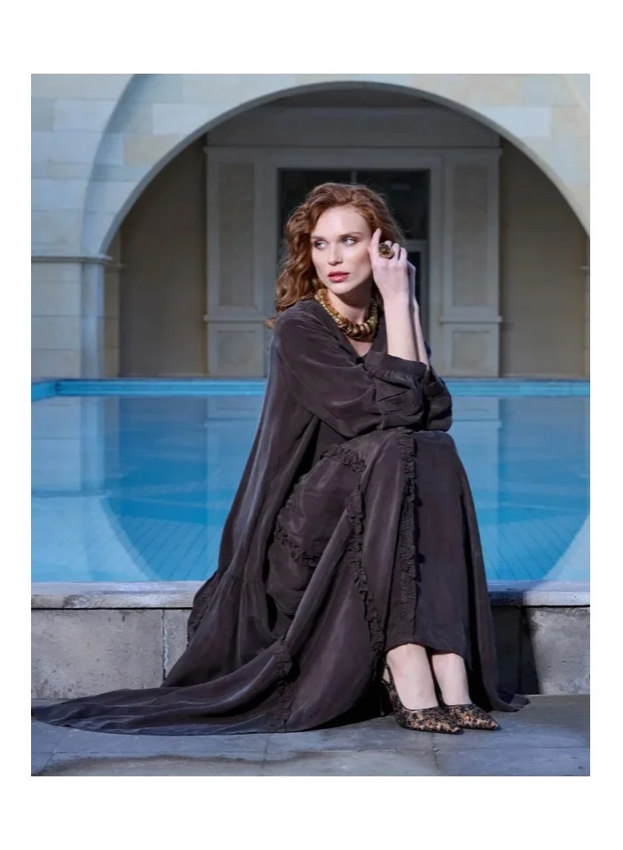 Ruffle-Detail Flowing Maxi PLUS SIZE Dress - Brown