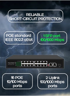 EXPGlobal Surveillance switch 16 + 2 PoE Switch, 16 POE 100 Mbps ports, 2 up Link 1000 Mbps ports, 1 SFP 1000Mbps port, 250W, AI function Extend up to 250m, 4kv lightning protection, power over Ethernet,52V 4.8 A  - Image 2