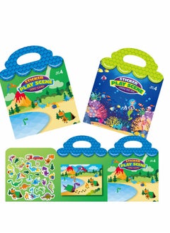 KASTWAVE 2pcs Reusable Sticker Books for Kids Children Scene Stickers DIY Hand on Puzzle Cartoon Animal Learning Cognition Toys Gift Dino Camp Under the Sea  - Image 1