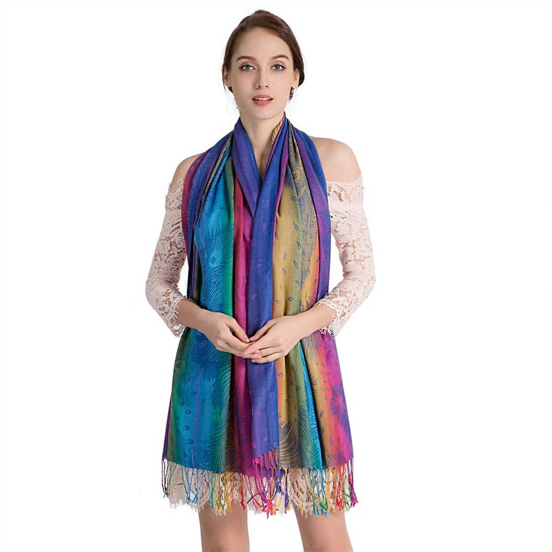 Neelamvar Colorful flowers Jacquard cotton pashmina Women Wrap Shawl tassels Scarves (THM02-03) - Image 2