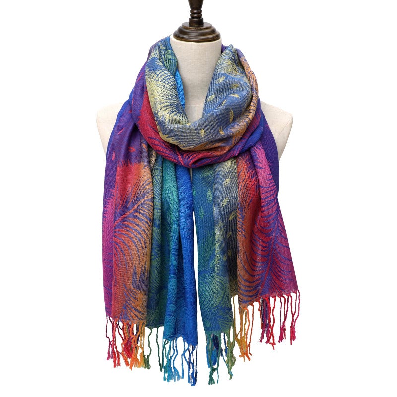 Neelamvar Colorful flowers Jacquard cotton pashmina Women Wrap Shawl tassels Scarves (THM02-03) - Image 4