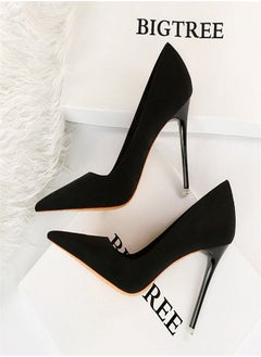 BIGTREE Suede Shallow Pointed High Heels 10.5CM Black  - Image 1
